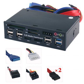  5.25 Inch PC Dashboard Media Front Panel Audio with SATA ESATA Dual USB 3.0 6 Port USB 2.0 Five-in-one Card Reader 