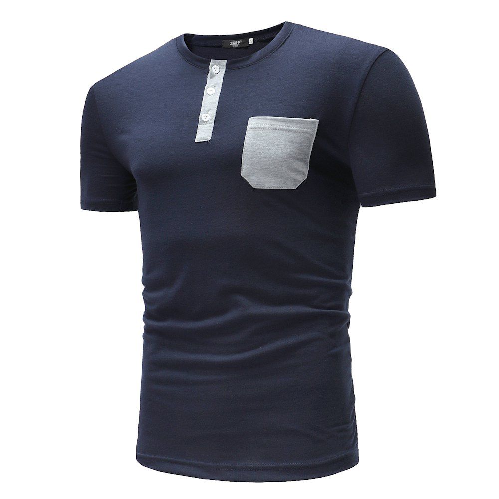 

New Men's Fashion Short-Sleeved Pocket Color Design Casual T-Shirt, Navy blue