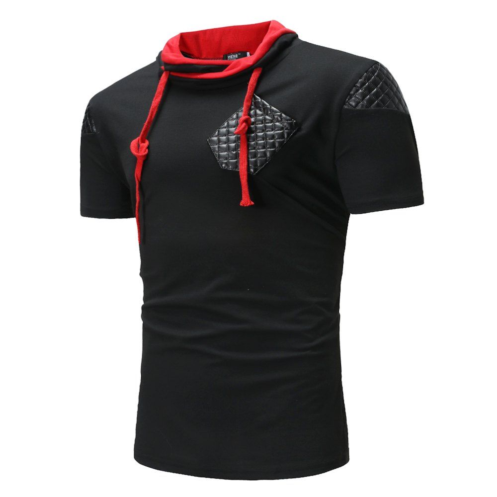 

New Men's Fashion Patchwork Design Hooded T-Shirt, Black