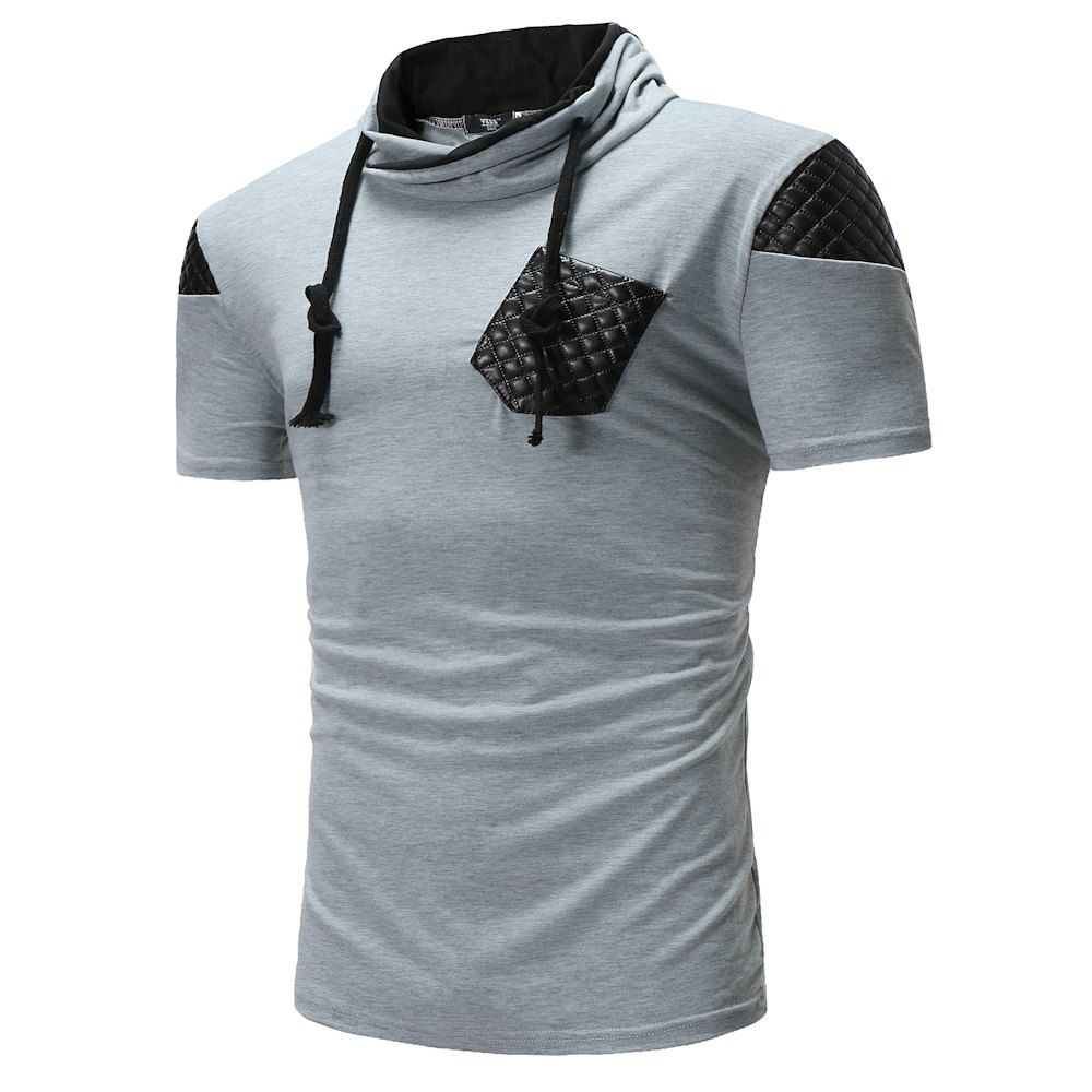 

New Men's Fashion Patchwork Design Hooded T-Shirt, Light gray