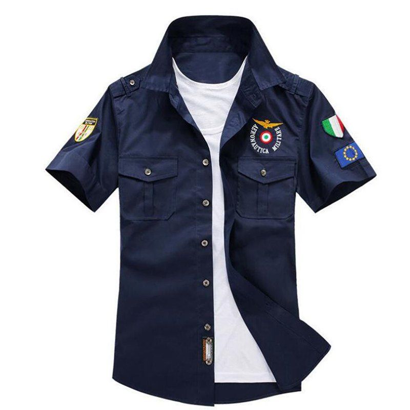 

Men's Badge Military Pocket Epaulet Short Sleeve Cotton Shirt, Deep blue