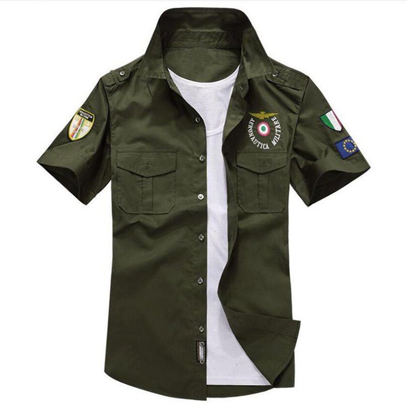 

Men's Badge Military Pocket Epaulet Short Sleeve Cotton Shirt, Army green