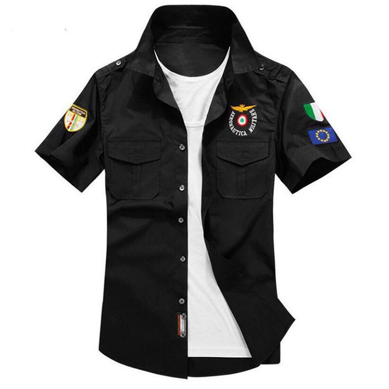 

Men's Badge Military Pocket Epaulet Short Sleeve Cotton Shirt, Black