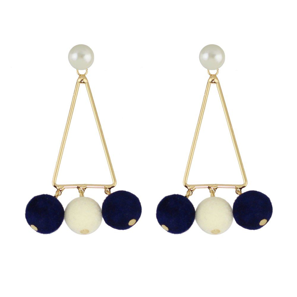 

Fashion Golden Triangle Pompoms Earrings, Milk white