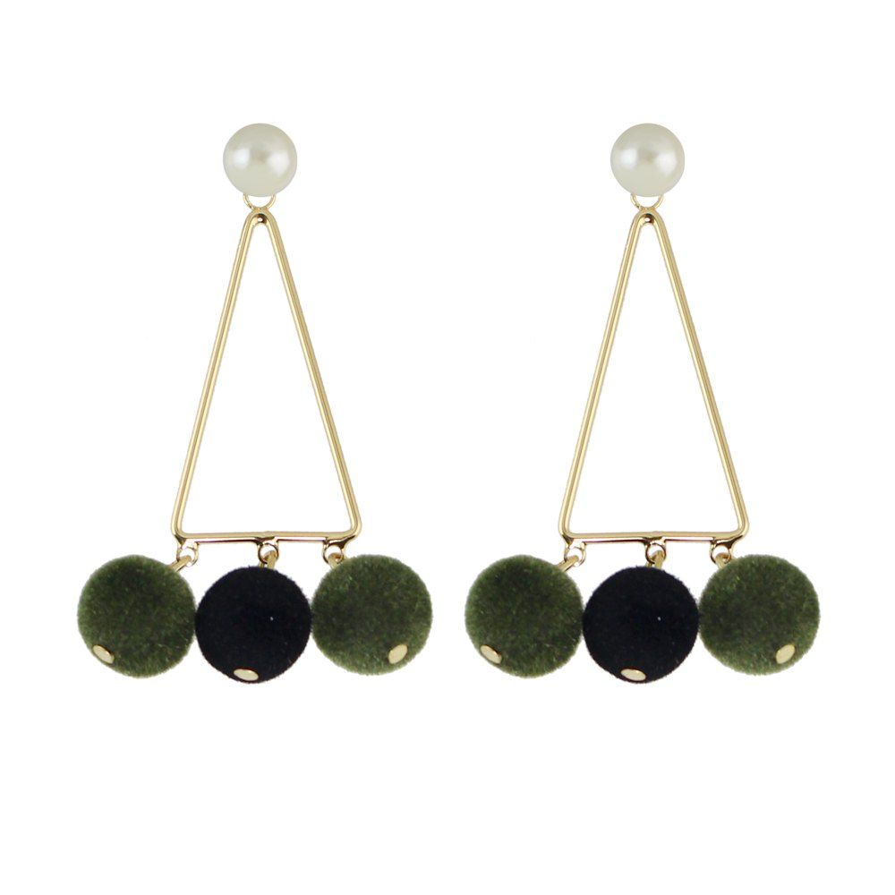 

Fashion Golden Triangle Pompoms Earrings, Green