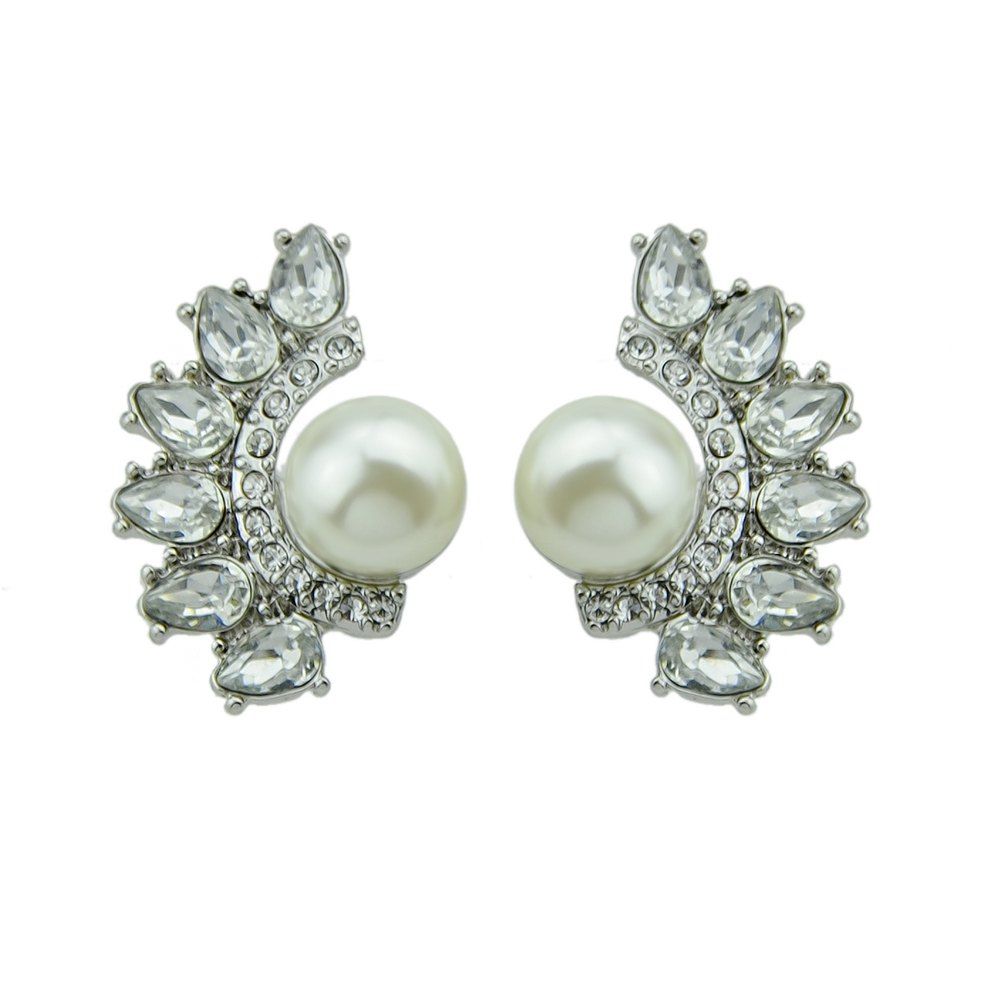 

Simulated-pearl Rhinestone Geometric Wing Earrings, Silver