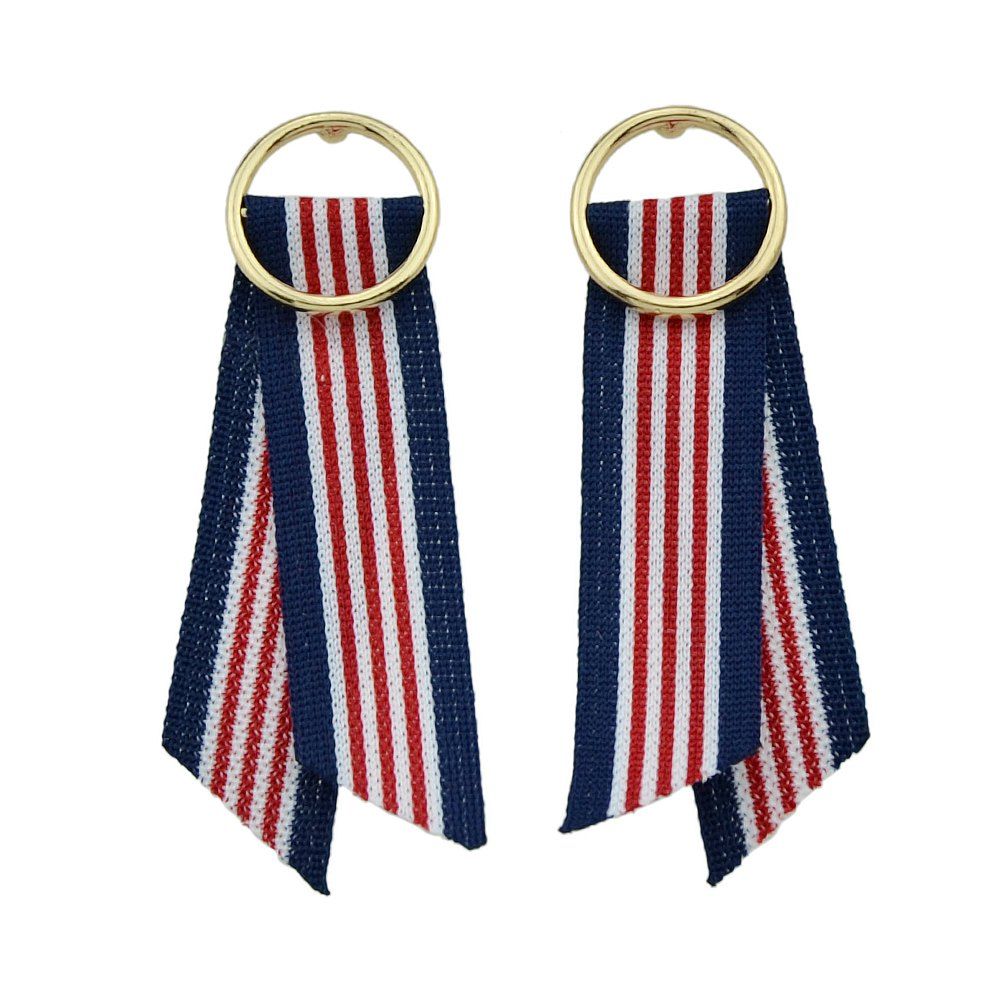 

Gold-color Circle Colorful Stripe Cloth Drop Earrings, Sea blue