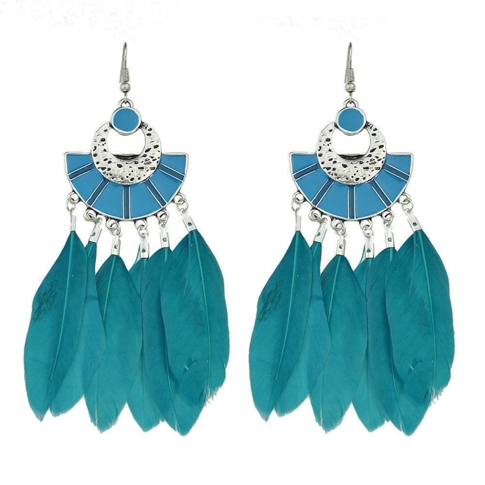 

Blue Black Enamel Feather Boho Drop Earrings, Crystal blue