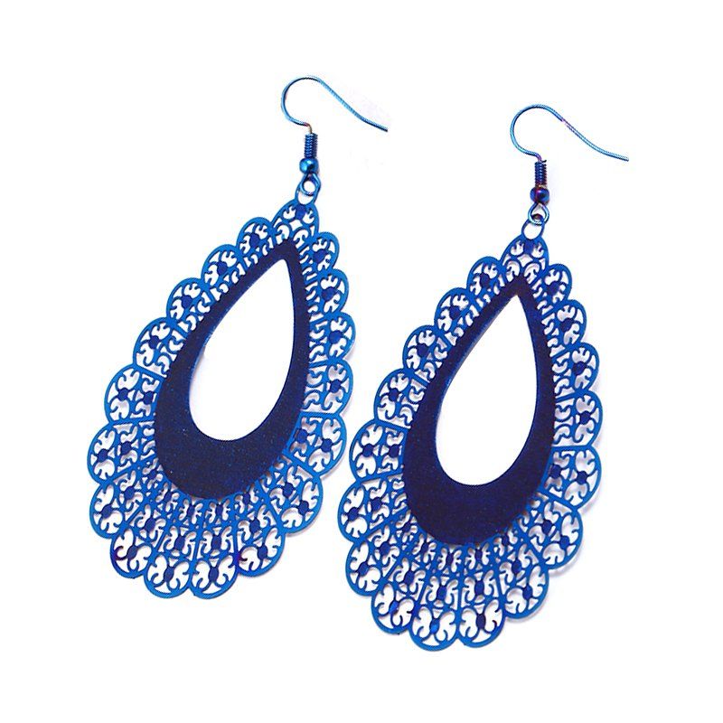 

Color Retention Colorful Water Droplets Frosted Hollow Carved Fashion Earrings, Royal blue