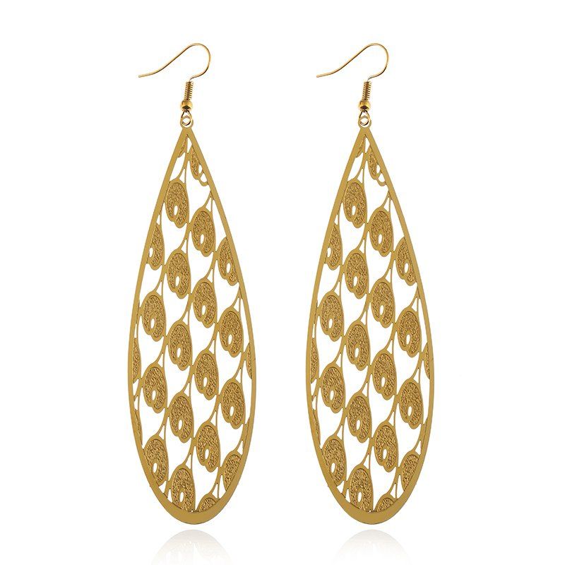 

Long Section Stainless Steel Leaves New Water Drops Hollow Bright Earrings, Gold