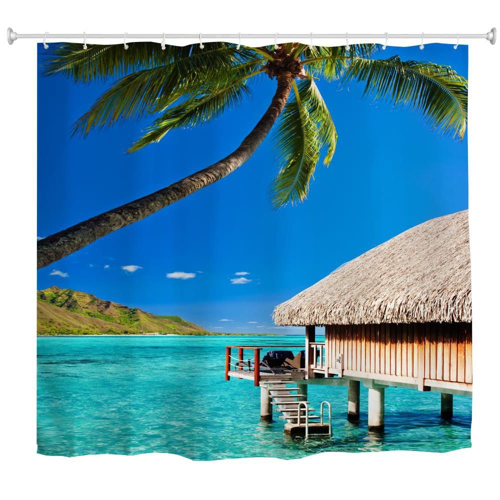 

Seaside Holiday Homes Water-Proof Polyester 3D Printing Bathroom Shower Curtain, Multi-a