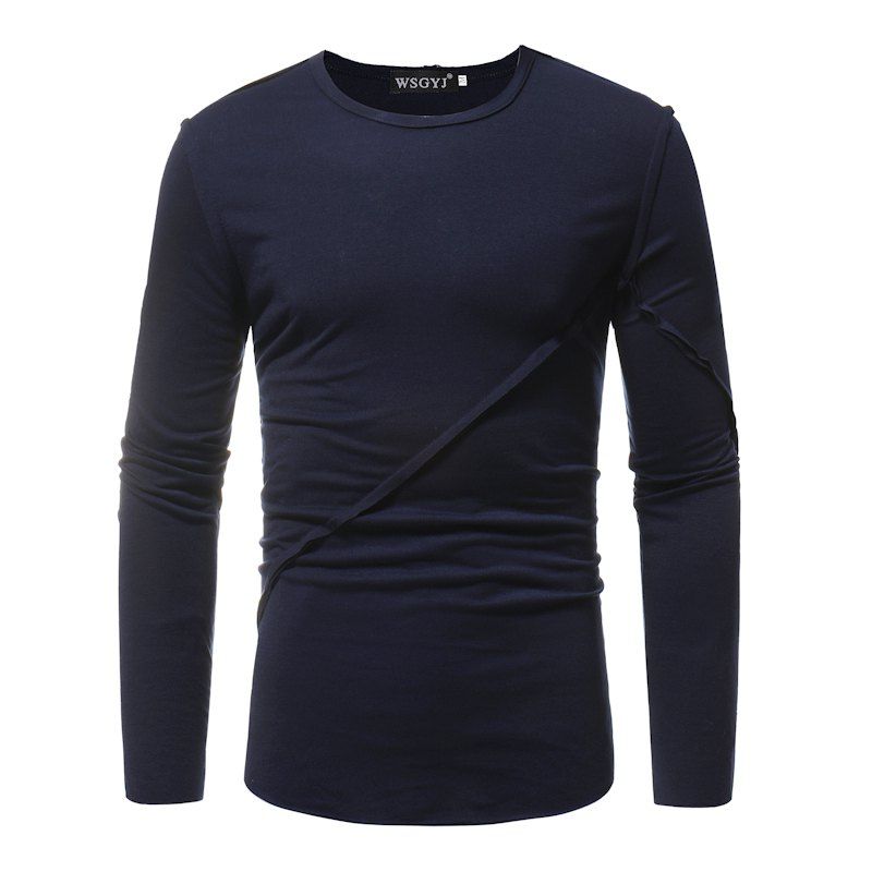 

2018 Men's Fashion Round Neck Trimming Solid Color Slim Long Sleeve T-shirt, Midnight blue