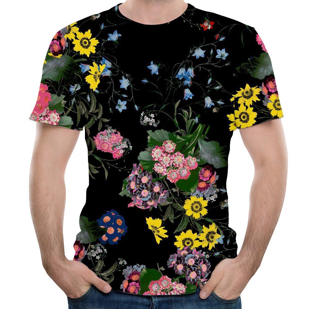 

2018 Summer Fashion Flower Round Neck Print 3D Short T-Shirt, Multi-p