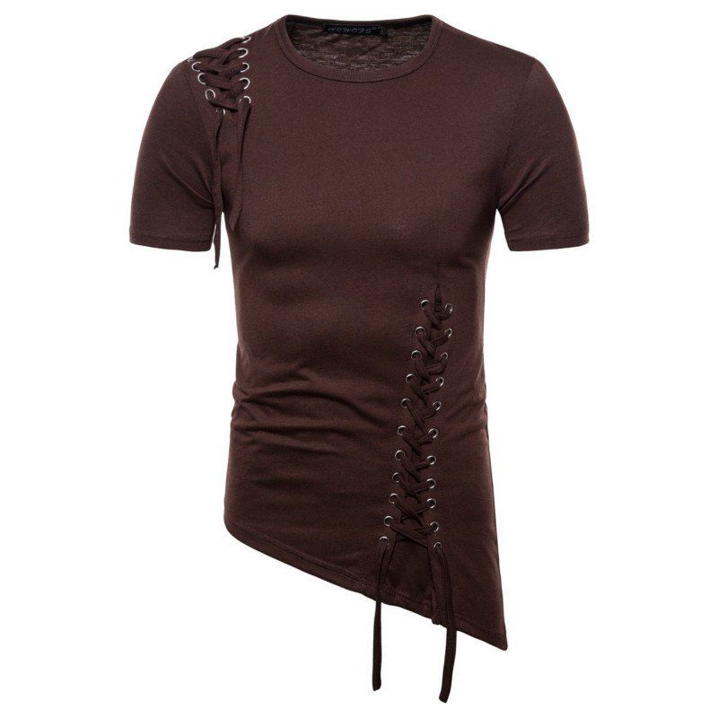 

Summer Cotton New Style Cotton Irregular Rivets Super Men's Short Sleeve T-Shirt, Deep coffee