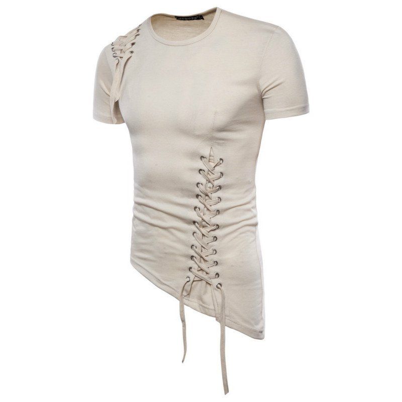

Summer Cotton New Style Cotton Irregular Rivets Super Men's Short Sleeve T-Shirt, Beige