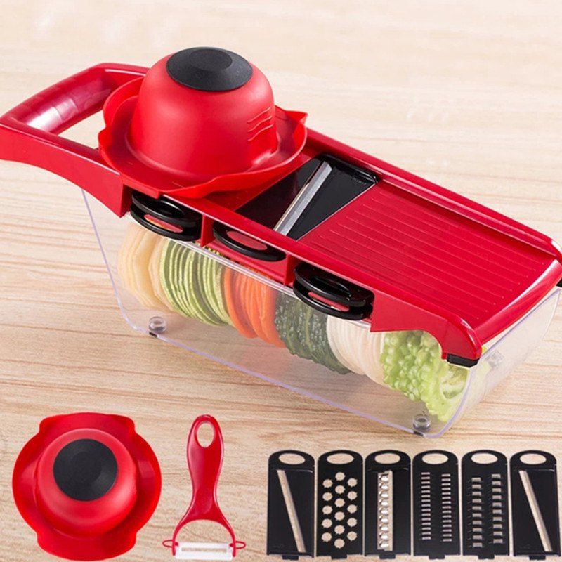 

Vegetable Cutter Grater Chopper Julienne Slicer-6 Interchangeable Blades Peeler, Red