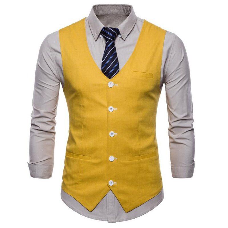 

Men Pure Color Cotton Suit Vest, Yellow