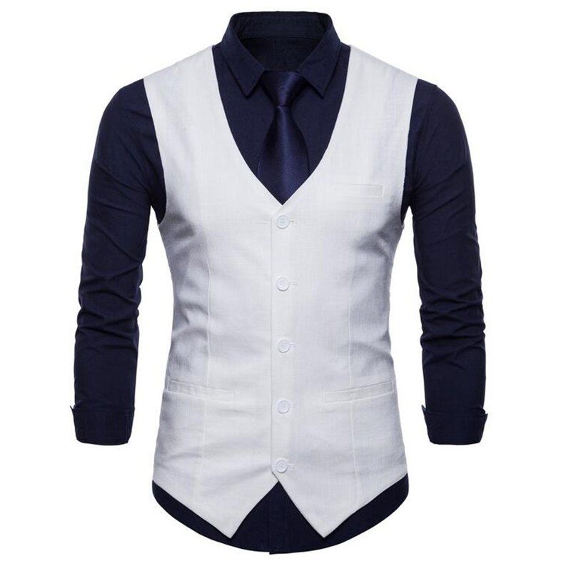 

Men Pure Color Cotton Suit Vest, White