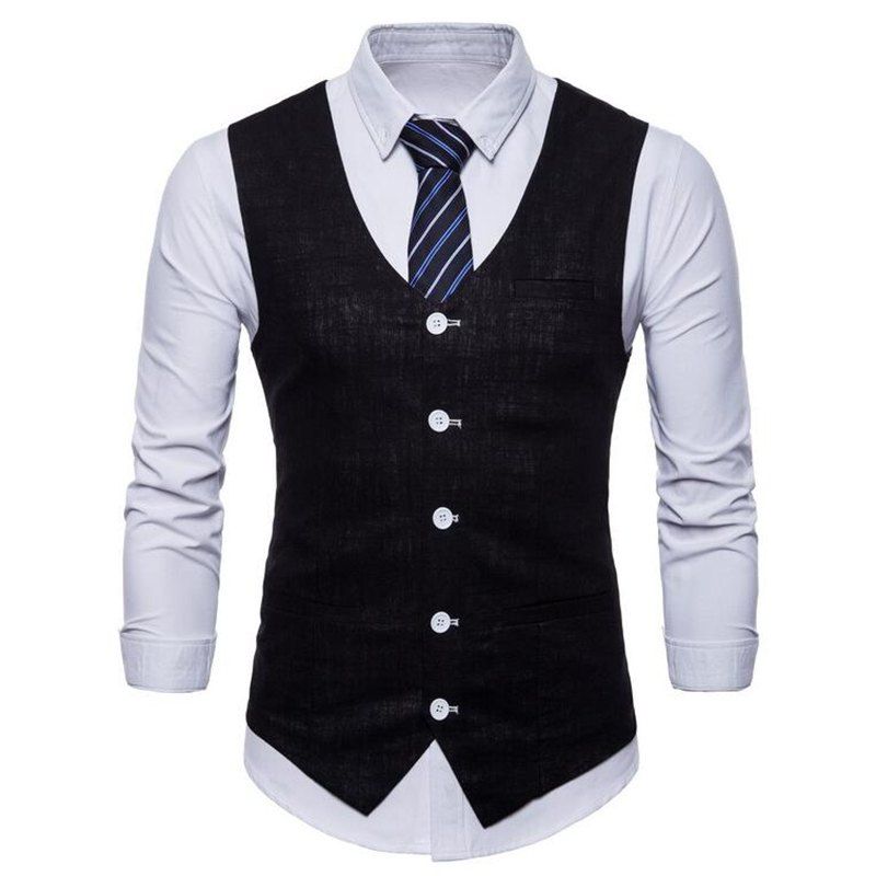 

Men Pure Color Cotton Suit Vest, Black
