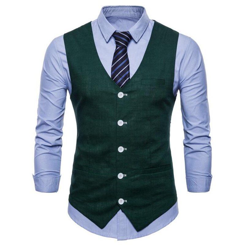 

Men Pure Color Cotton Suit Vest, Dark forest green