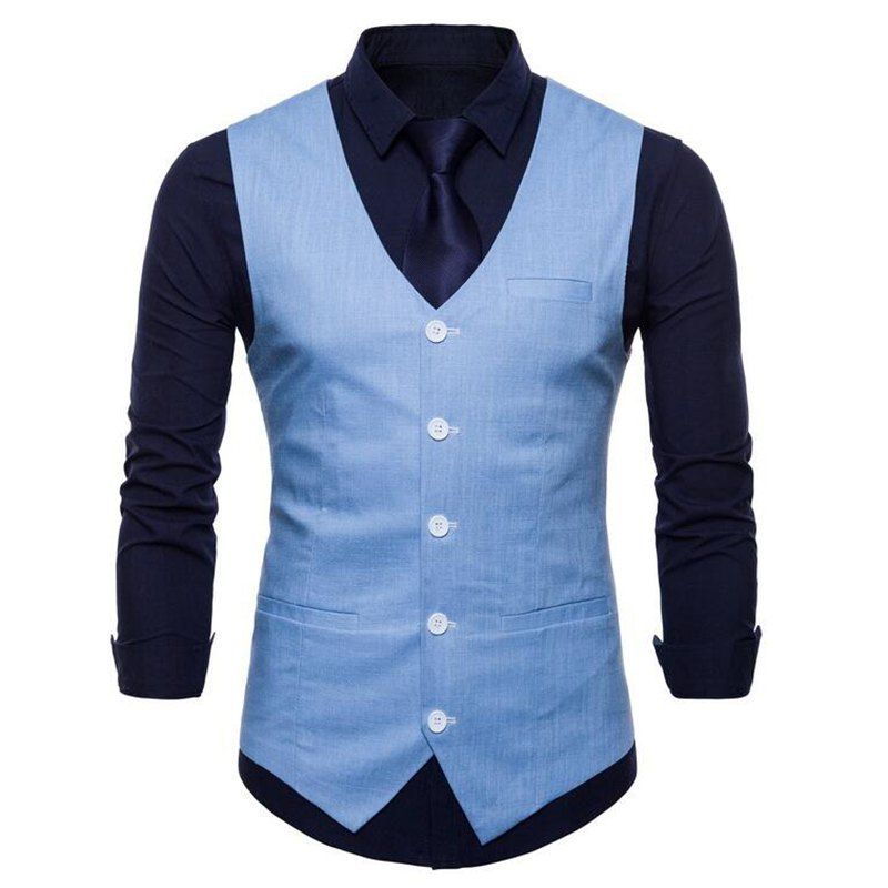 

Men Pure Color Slim Fit Cotton Suit Vest, Sky blue