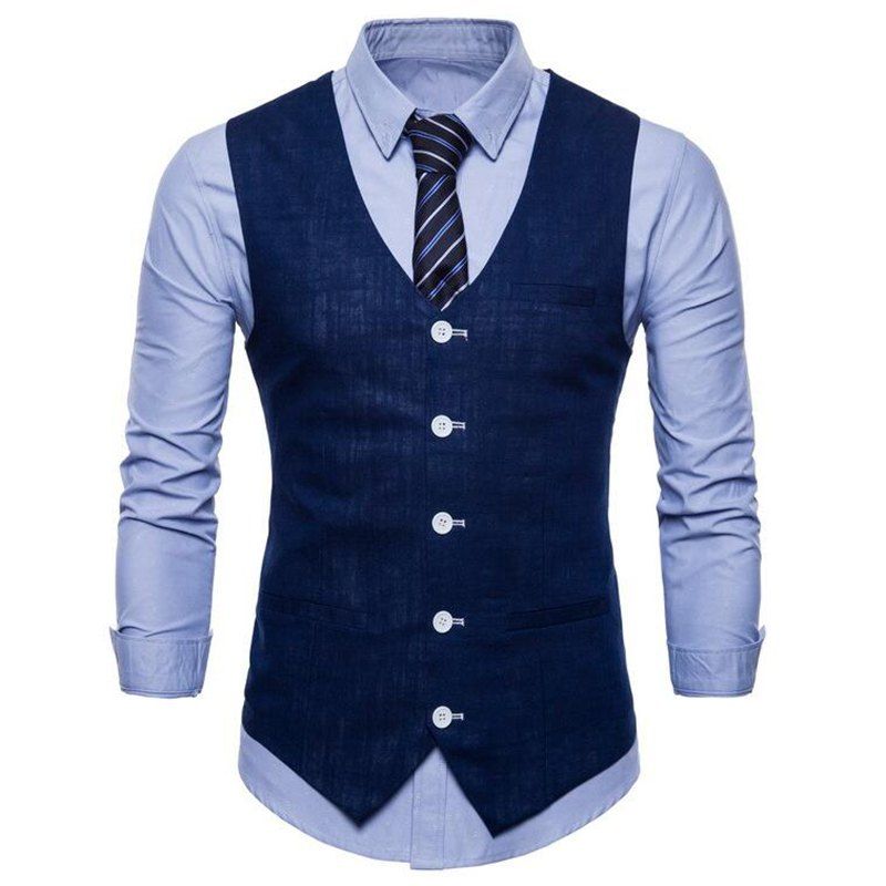 

Men Pure Color Slim Fit Cotton Suit Vest, Deep blue