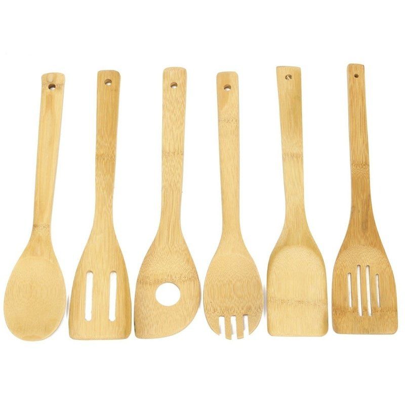 

6PCS Bamboo Kitchen Utensil Set Tool Wooden Serving Spoon Spatula, Brown