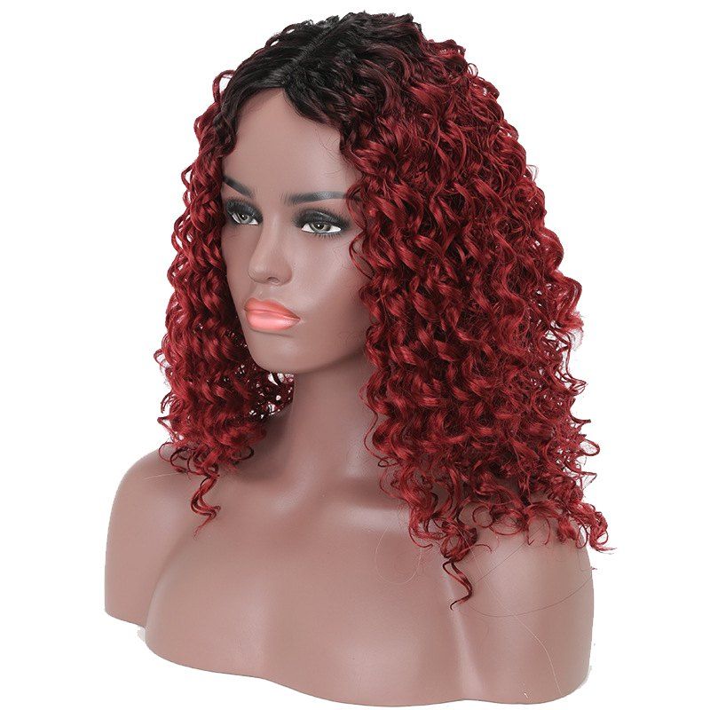 

Synthetic Hair Dark Root Ombre Black Red Afro Curly Long Wig Natural Hairline, Red wine