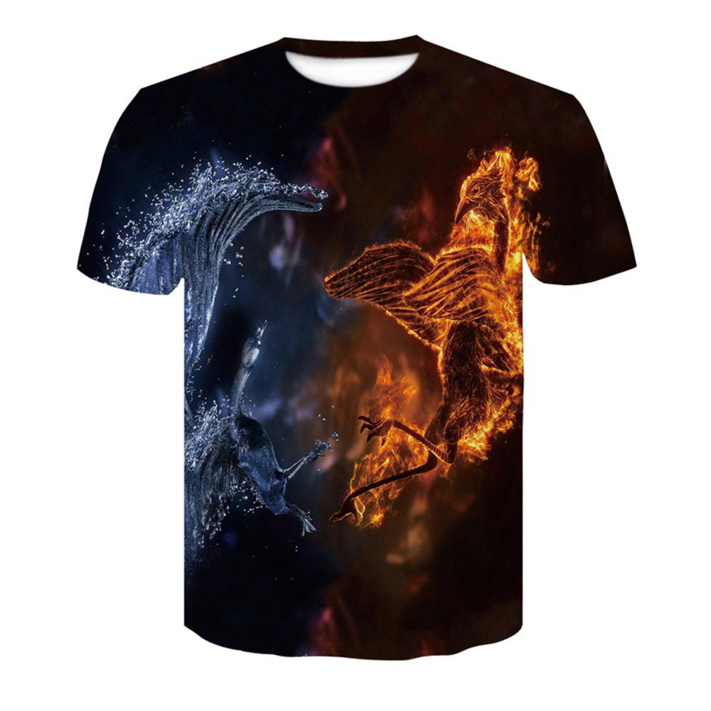 

Summer Men's Short Sleeve 3D Digital Printed Double Crane T-Shirt, Multi-a