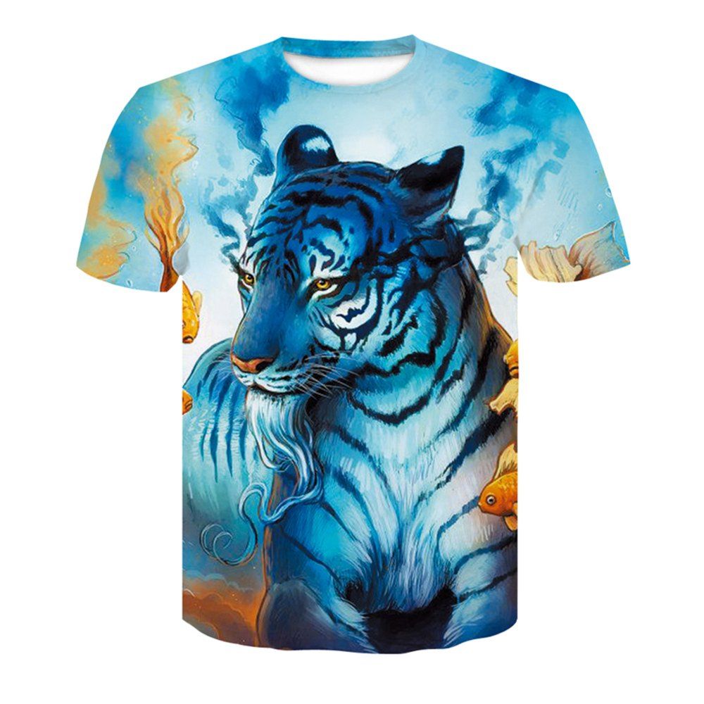 

Summer Men's Short Sleeve 3D Digital Stamp Tiger T-Shirt, Blue