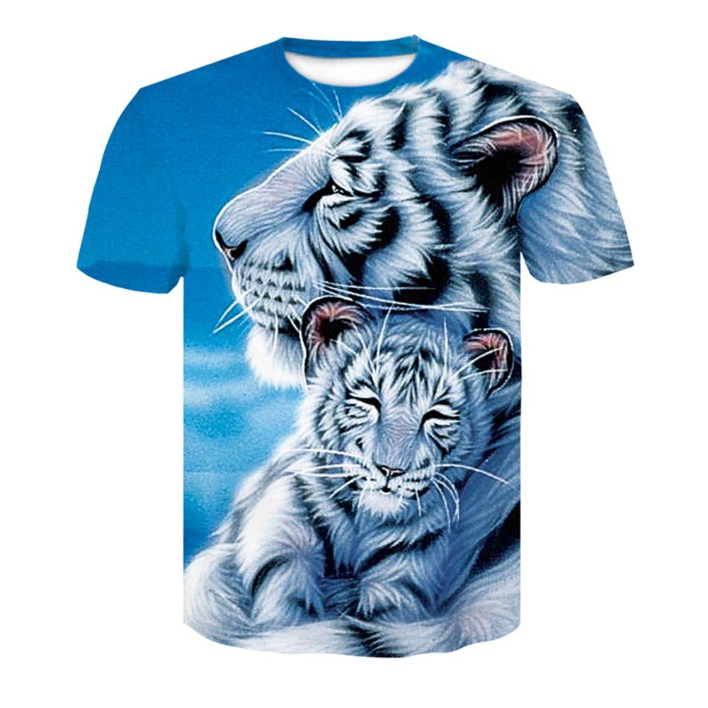 

Summer Men's Short Sleeve 3D Digital Stamp Tiger T-Shirt, Light blue