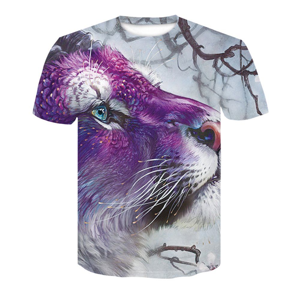 

Summer Men's Short Sleeve 3D Digital Stamp Tiger T-Shirt, Violet