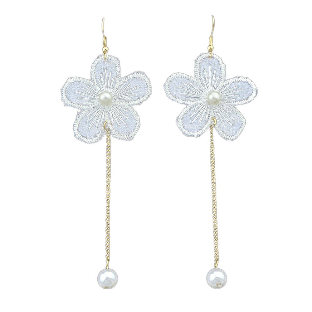

Gold-color Flower with Simulated-pearl Drop Earrings, White