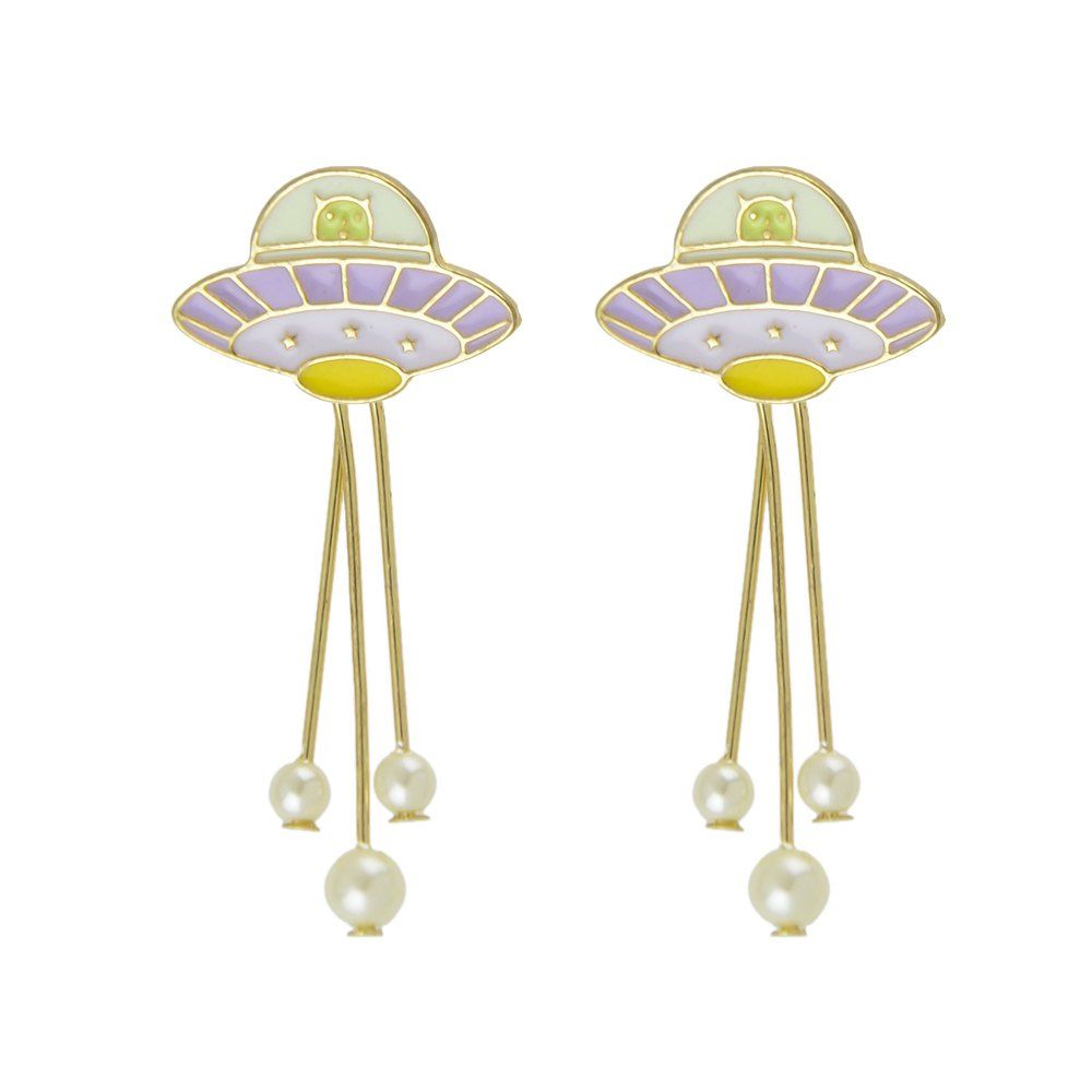 

Enamel Simulated-pearl Spacecraft Drop Dangle Earrings, Gold