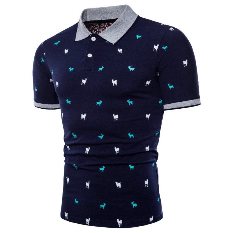 

Summer Wear New Men's Lapel Printing Short Sleeved Shirt, Deep blue