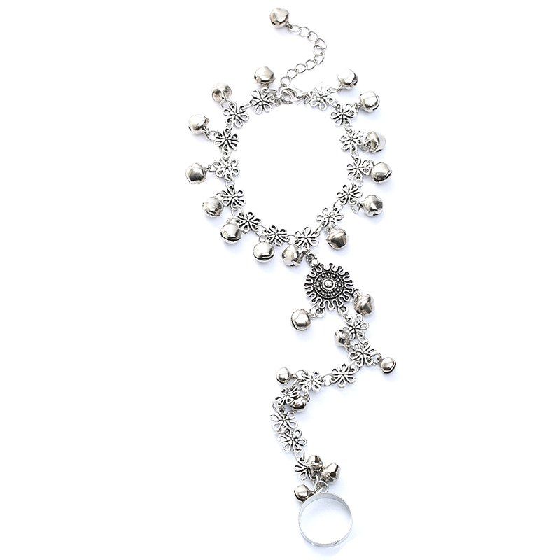 

Fashion Finger Circle Vintage Flower Bell Charm Pendant Bracelet For Women, Silver