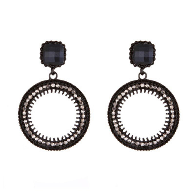 

Vintage Black Crystal Round Metal Fringe Full Rhinestone Drop Earrings for Woman