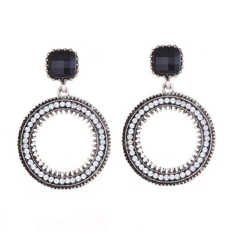 

Vintage Black Crystal Round Metal Fringe Full Rhinestone Drop Earrings for Woman, Gray