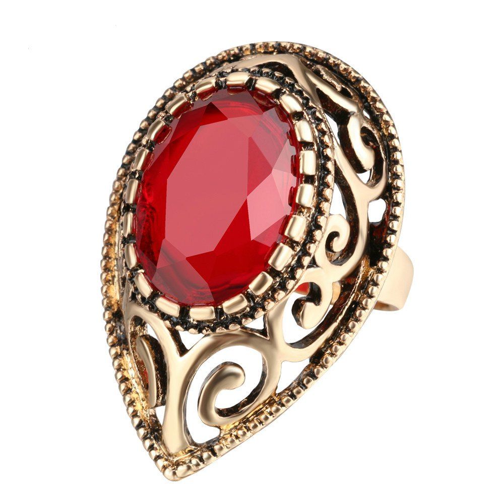 

Vintage Gold Plated Hollow Heart Water Drop Ring, Red