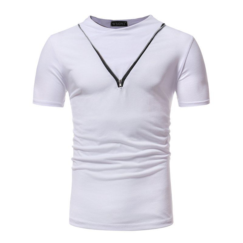 

Fashion Stand Collar Solid Color Zipper Stitching Casual Short-Sleeved T-Shirt, White