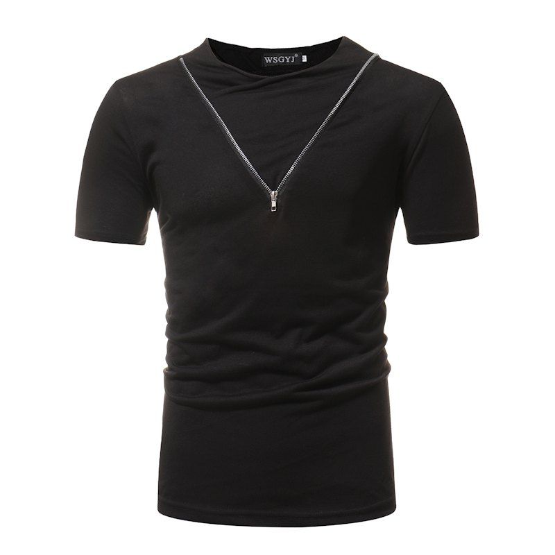

Fashion Stand Collar Solid Color Zipper Stitching Casual Short-Sleeved T-Shirt, Black