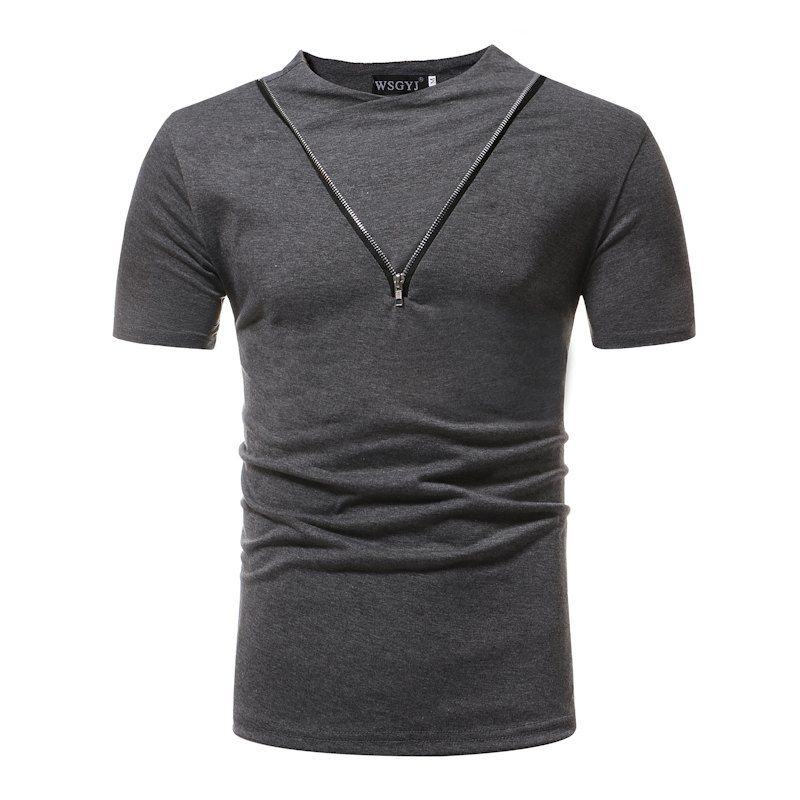 

Fashion Stand Collar Solid Color Zipper Stitching Casual Short-Sleeved T-Shirt, Dark gray