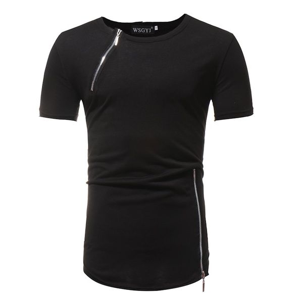 Mode solide col rond Zipper couture Slim T-shirt à manches courtes - Noir M