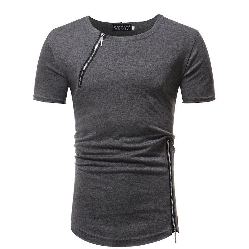 

Fashion Solid Color Round Neck Zipper Stitching Slim Short-Sleeved T-Shirt, Dark gray