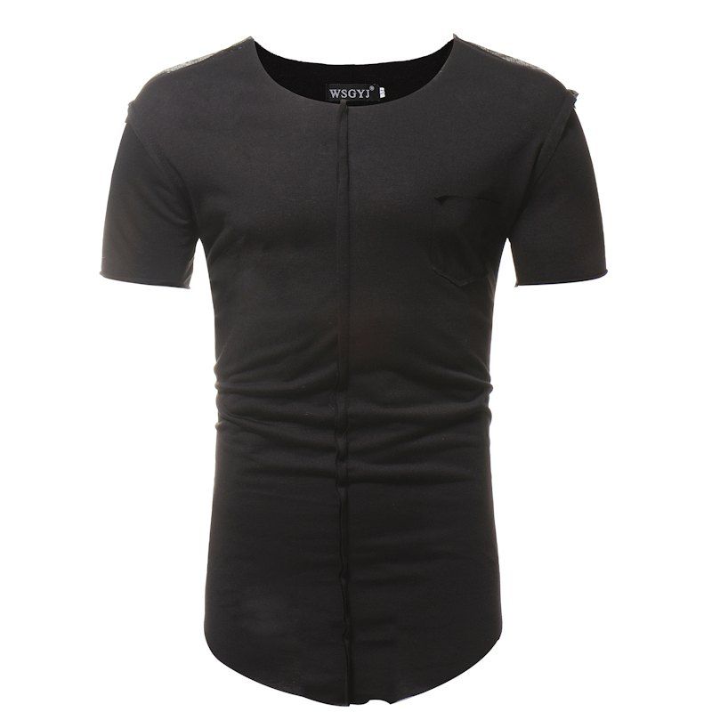 

Summer Fashion Round Neck Pocket Stitching Burrs Casual Short-Sleeved T-Shirt, Black