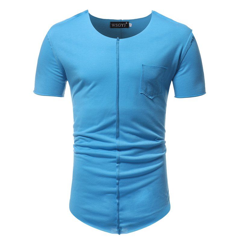 

Summer Fashion Round Neck Pocket Stitching Burrs Casual Short-Sleeved T-Shirt, Blue