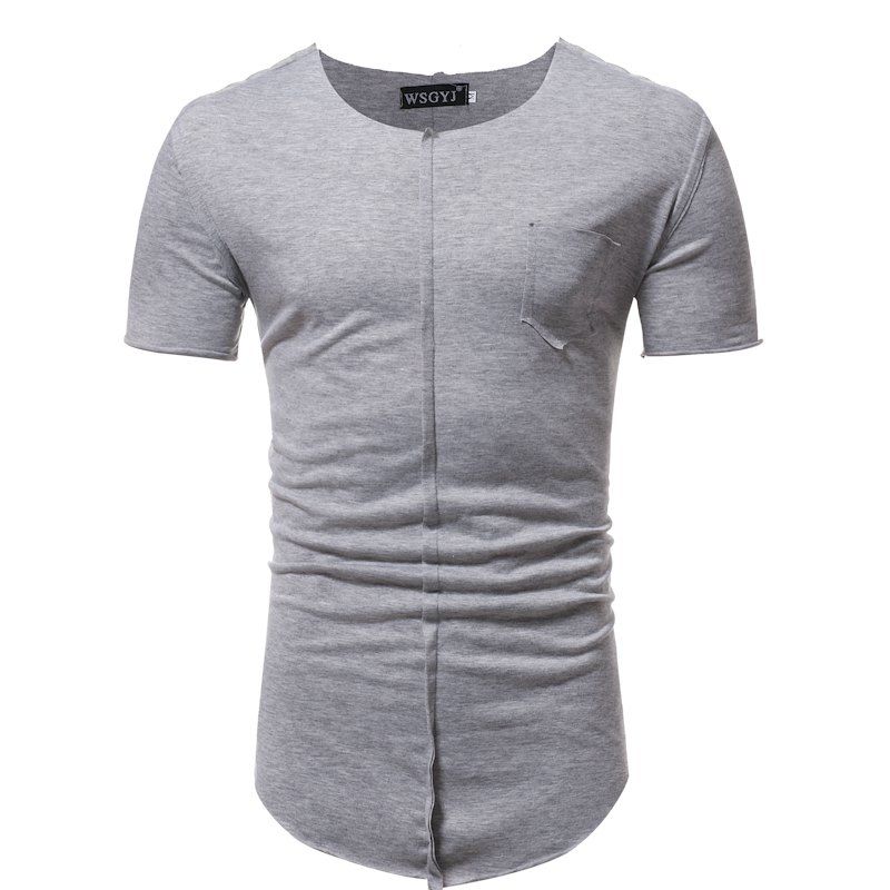 

Summer Fashion Round Neck Pocket Stitching Burrs Casual Short-Sleeved T-Shirt, Light gray