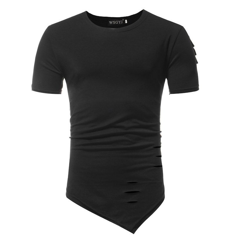 

Summer Fashion Hole Hem Round Neck Slim Solid Color Short-Sleeved T-Shirt, Black