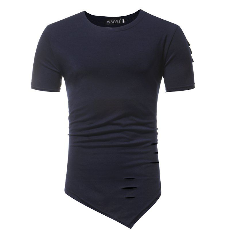 

Summer Fashion Hole Hem Round Neck Slim Solid Color Short-Sleeved T-Shirt, Navy blue