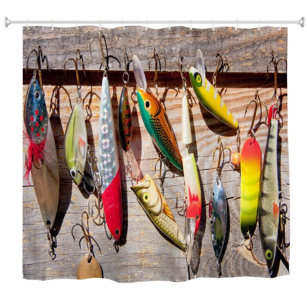 

Fishing Bait Water-Proof Polyester 3D Printing Bathroom Shower Curtain, Multi-a